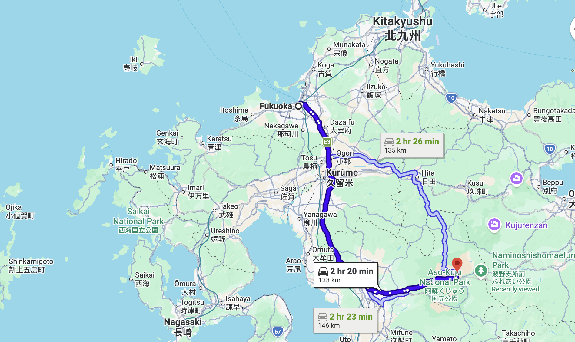 從福岡開車到熊本阿蘇的地圖